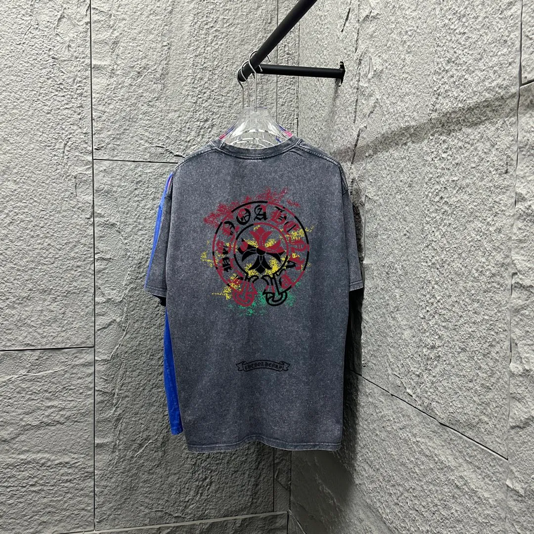 🅿️180 CH Crow Heart* 2025 spring and summer new style Snowflake distressed washed retro round neck short sleeves Chest logo Horseshoe print Customized fabric Short-sleeved T-shirt Unisex Size: S M L XL XXL Color: Snowflake Black Snowflake Gray Snowflake Pink Snowflake Blue